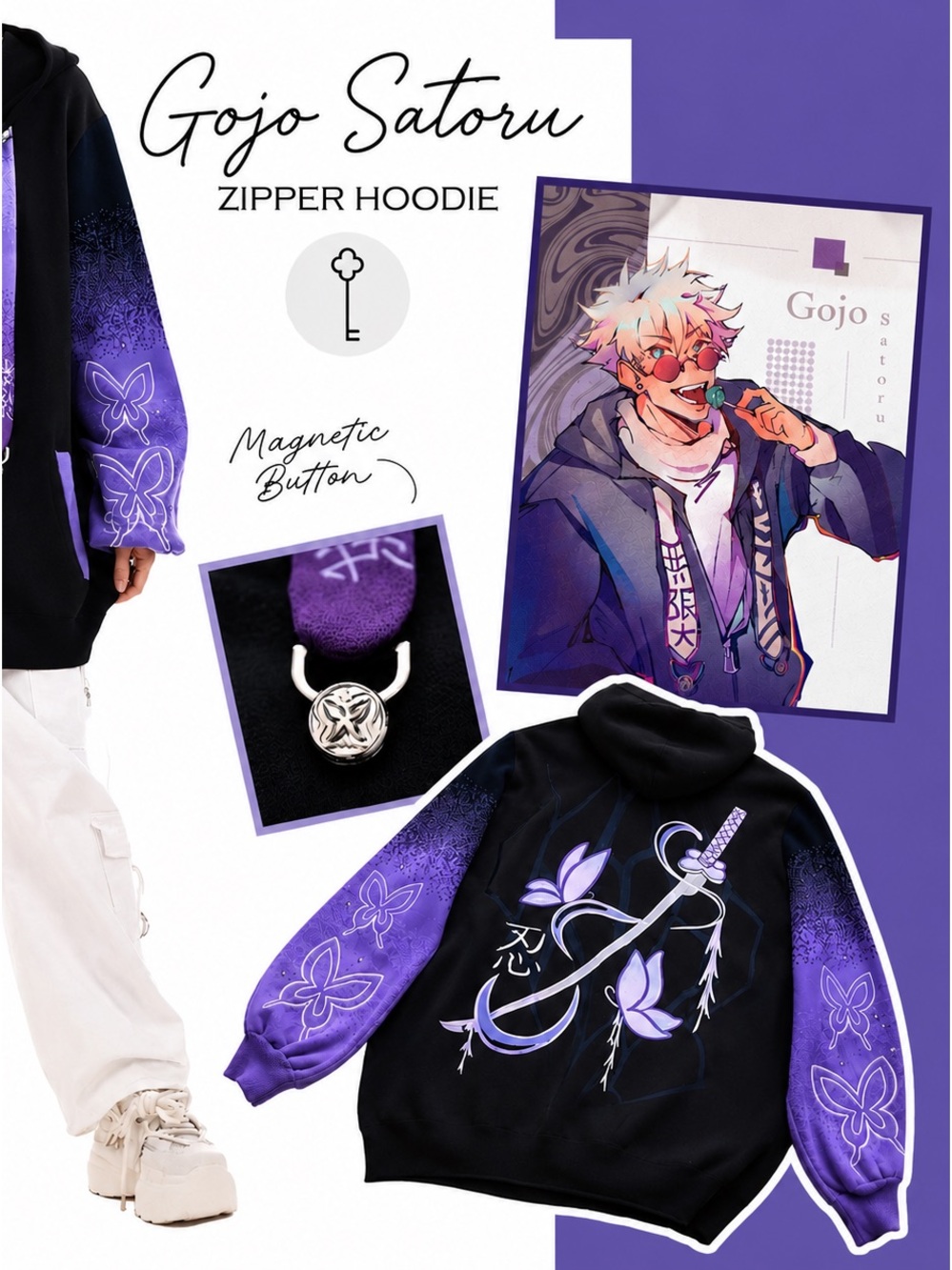 Stitch Spring Gojo Satoru Lethal Butterfly Hoodie Black Purple Anime Sweater  S